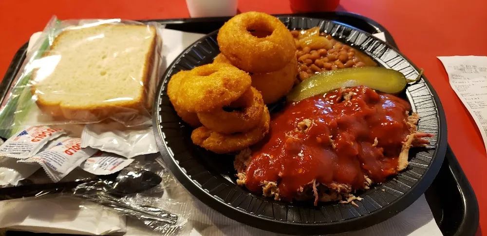 Pork Plate with Onion Rings and Baked Beans